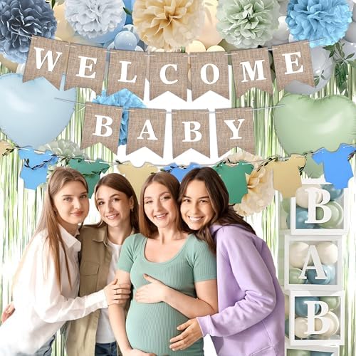 Blue Sage Green Baby Shower Decorations-Welcome Baby Boy Banner, Fringe Curtains, Paper Pompoms, Olive Green Dusty-blue Beige Cream Latex Balloon Décor For Boho Easter Jungle Baby Shower Blue Party - Image 6