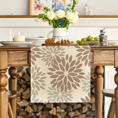 Artoid Mode Brown Gray Dahlia Pinnata Flower Floral Table Runner, Seasonal Holiday Kitchen Dining Table Decoration for Home Party Decor 13x72 Inch - Image 2