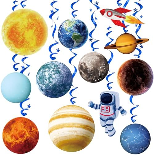 Space Themed Party Decorations - 24 Pcs Outer Space Party Hanging Swirl Decor Solar System Planets Rocket Astronaut Ceiling Steamer for Space Themed Birthday Baby Shower Party Supplies by PartyGarden