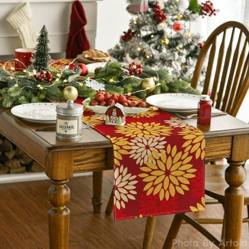 Artoid Mode Red Orange Dahlia Floral 2025 New Year Table Runner, Spring Festival Winter Holiday Kitchen Dining Table Decoration for Home Party Decor 13x72 Inch - Image 2