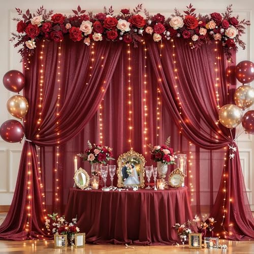 20x10FT Burgundy Wrinkle Free Backdrop Curtains with Lights String for Parties - Photo Curtain Backdrop with Lights for Wedding Decorations, Bridal Baby Shower Birthday Party Photography Background - Image 4