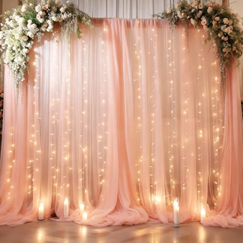 10ft x 8ft Peach Backdrop Curtain with Lights String for Parties, Sheer Tulle Wedding Photo Backdrops Drapes for Baby Shower Birthday Party Decorations Background for Photography by Shillance