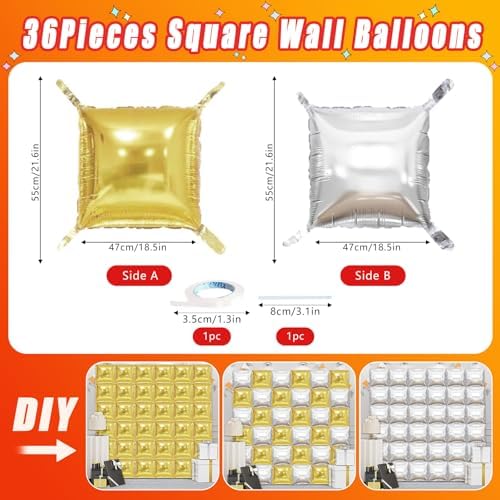 36 Piece XL Gold and Silver Square Foil Balloons Wall Screen Double Sided Square Balloon Screen Tunnel Arch Kit Mylar for Baby Shower Graduation Prom Birthday Party Decorations - Image 2