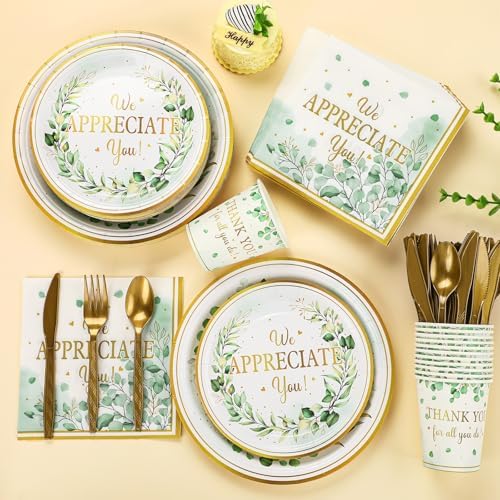 Yungyan 252 Pcs Sage Green Thank You Party Tableware Set Thank You for All You Do We Appreciate You Plates Napkins Cups Cutlery for Employee Teacher Graduation Appreciation Party 36 Guests - Image 6