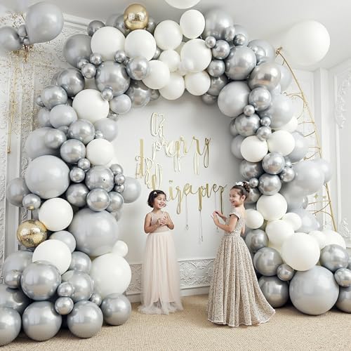 412Pcs White and Silver Balloons Arch Kit, 18 12 10 5 Inch White Metallic Silver Latex Balloon for Wedding Bridal Shower Engagement Anniversary Birthday Party Decorations - Image 5