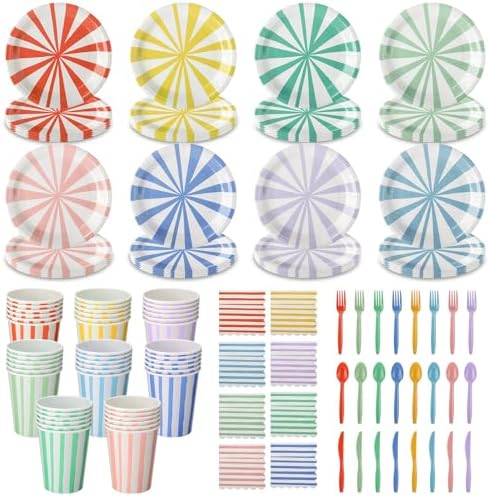 Meanplan 288 Pcs Pastel Striped Plate Party Decor Supplies for 48 Guests by Meanplan