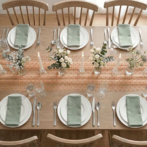 Artoid Mode Beige Gauze Flocking Orange Dots Table Runner 10FT,Seasonal Sheer Dining Table Decor for Wedding Anniversary Holiday Birthday Home Party - Image 5
