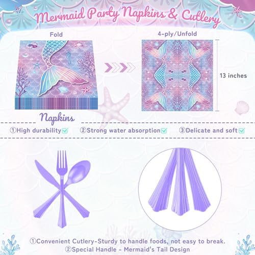 168PCS Mermaid Party Supplies, Purple Mermaid Tableware Party Plates Set - Image 4