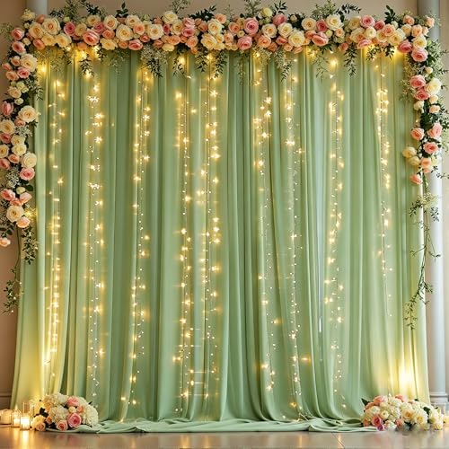 10 x 10 Sage Green Backdrop Curtain with Lights String for Party - Image 2