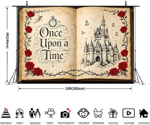 Fairy Tale Castle Book Backdrop 10x8ft Vintage Once Upon a Time Photography Background with Red Roses for Princess Themed Photoshoot Wedding Bridal Shower Photo Booth Props - Image 7