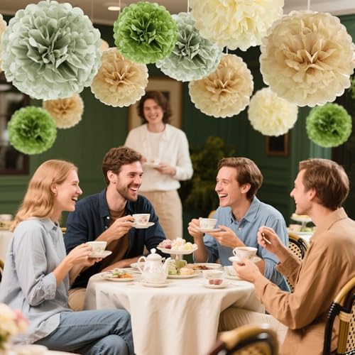 Sage Green Tissue Paper Pom Pom Flowers Decorations 15 PCS Olive Green Paper Flowers for Wall Hanging Backdrop Neutral Baby Shower Wedding Party Supplies Birthday Bridal Decor Table Centerpieces - Image 2