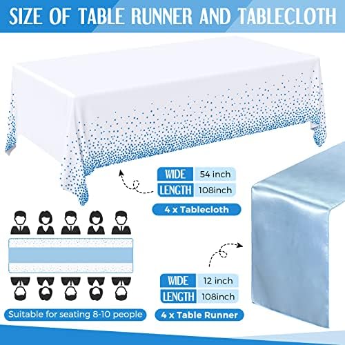 Breling 8 Pack Baby Blue and White Tablecloths and Satin Runners Set - Image 2