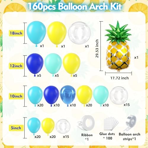 160pcs Cartoon Sponge Balloons Garland Arch Kit, Birthday Decorations Yellow Blue Clear Metallic Blue Teal Balloons and Pineapple Balloon Arch for Cartoon Birthday Baby Shower Party Decor - Image 2