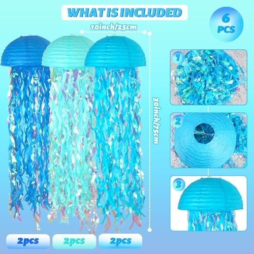 6-Pack Jellyfish Paper Lanterns, Under the Sea Party Decorations - Image 6