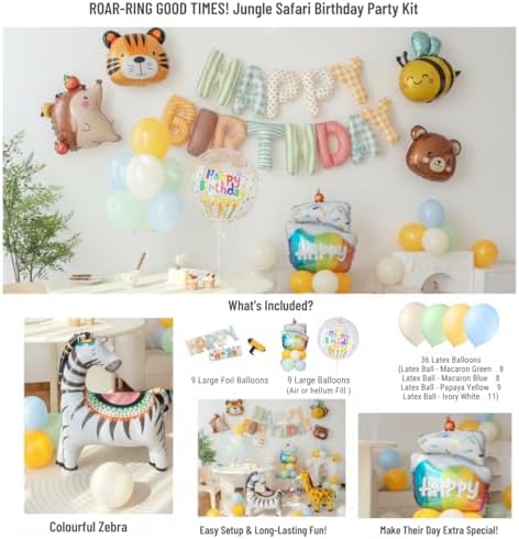 Animals Happy Birthday Foil Balloon Decorations Kit for Kids Birthday, Jungle Zoo Theme Zebra Giraffe Tiger All-In-One Party Supplies with Birthday Banner (Animal Birthday Set) - Image 4