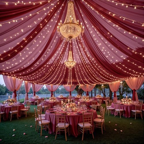 Burgundy Ceiling Drapes with Lights for Weddings, 6 Panels 5ftx20ft Sheer Tulle Curtain Drapes for Wedding Ceremony Birthday Party Arch Decoration - Image 6