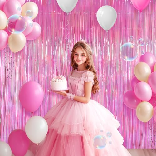 2 Pack Hot Pink Iridescent Streamers Backdrop, 3.3x6.6ft Foil Fringe Curtains Holographic Door Tinsel Streamers Photo Booth Prop for Birthday, Wedding, Holiday, Bachelorette, Theme Party Decorations - Image 3