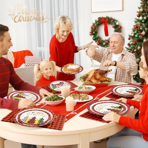 72PCS Christmas Plates and Napkins for Party Decorations, Set of 24 Merry Christmas Disposable Tableware Supplies, Gnome Red Plaid Paper Plates for Christmas in July Party - Image 7