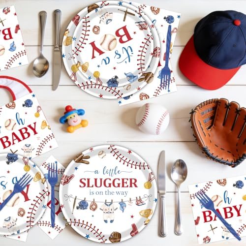 Baseball Baby Shower Decorations - 96 Pcs A Little Slugger is on The Way Baby Shower Plates Napkins Forks Tableware Set, Its A Boy Baseball Dinnerware Set for Boy Serves 24 - Image 5