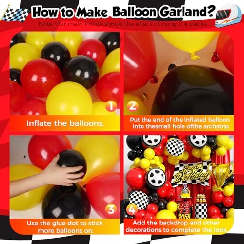 Race Car Balloon Arch Garland Kit, 154pcs Different Size Tire Flags Checkered Black Red Yellow Balloons Arch Kit for Racing Car Two Fast Theme Boy Birthday Anniversary Party Decorations - Image 3