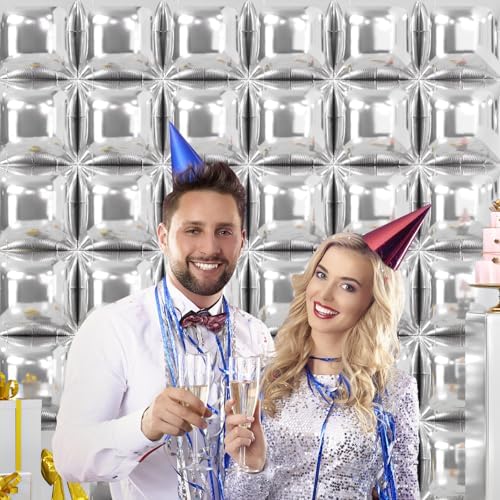 NISOCY 36PCS Metallic Silver Square Foil Balloons Wall Backdrop - Image 6