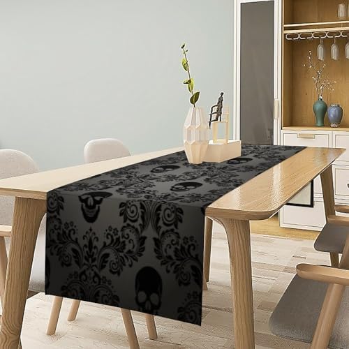 Gothic Black Damask Table Runner, Vintage Floral Exotic Suger Skull Bone Skeleton Bohemian Antique Victorian Baroque Dinner Runner for Farmhouse Party Holiday Home Kitchen Dining Table Decor 13"x120" - Image 2