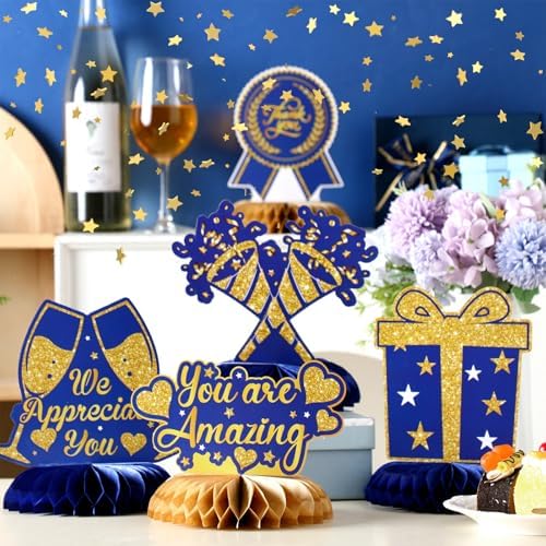 12 Pcs We Appreciate You Decoration Thank You Honeycomb Centerpiece Employee Appreciation Table Decorations Thank Table Topper for Doctor Employee Party Supplies(Gold and Blue) - Image 3