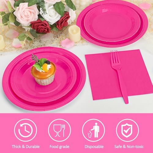 Hot Pink Plates and Napkins Party Supplies, Include 9’’Disposable Hot Pink Paper Plate, 7’’Dessert Plates and Cups and Napkins Forks Set for Birthday, Anniversaries, Wedding, Serves 25 - Image 4