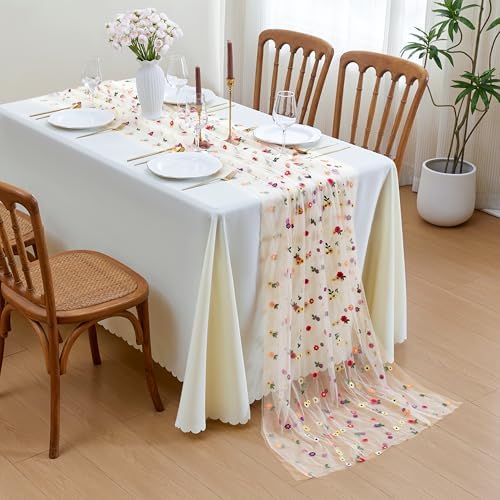 JIALE Champagne Floral Table Runner, Embroidery Daisy Seasonal Table Decorations, 120Inch 10FT 1PC Gold Tulle Fabric for Home Decor, Bridal Shower Wedding, Baby Shower Parties, DIY Craft - Image 2