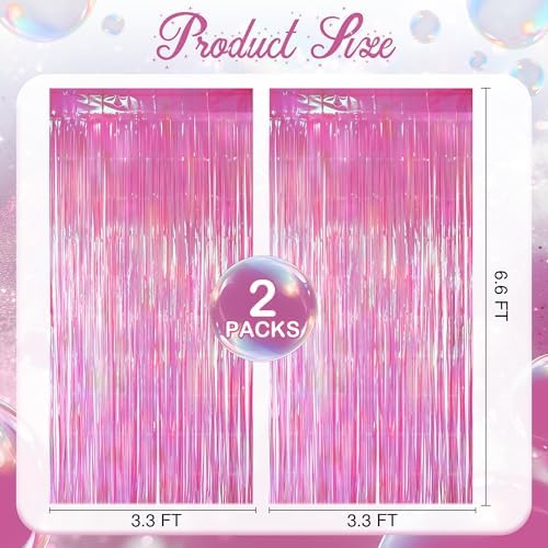 2 Pack Hot Pink Iridescent Streamers Backdrop, 3.3x6.6ft Foil Fringe Curtains Holographic Door Tinsel Streamers Photo Booth Prop for Birthday, Wedding, Holiday, Bachelorette, Theme Party Decorations - Image 2