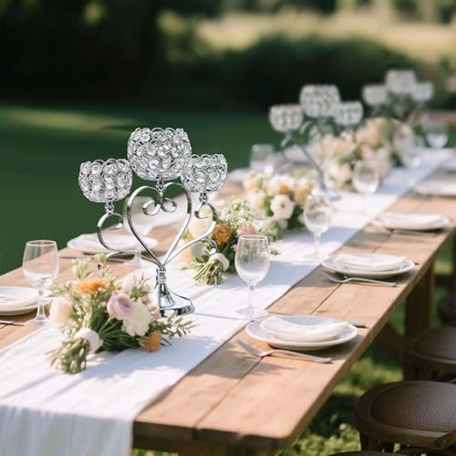 2 Pcs 3-Arm Heart Tea Light Candle Holder - Crystal & Metal Wedding Centerpiece Decor, Sparkling Table Decor for Anniversaries/Romantic Tabletop Home/Dinner Party/Events (2, Silver) - Image 5
