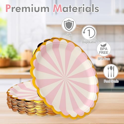 50 Pcs Pink Party Paper Plates with Gold Scalloped Edge, Pink Disposable 9 inch Scalloped Paper Dessert Plates Party Supplies for Birthday Bridal Shower Picnic, Striped - Image 3