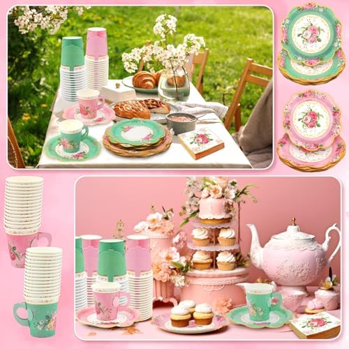 200Pcs Floral Tea Cups and Saucers for Tea Party Supplies, Disposable Tea Cups with Handle and Paper Napkins Dinnerware for Floral Theme Birthday Wedding Bridal Shower Baby Shower（Pink Green） - Image 6