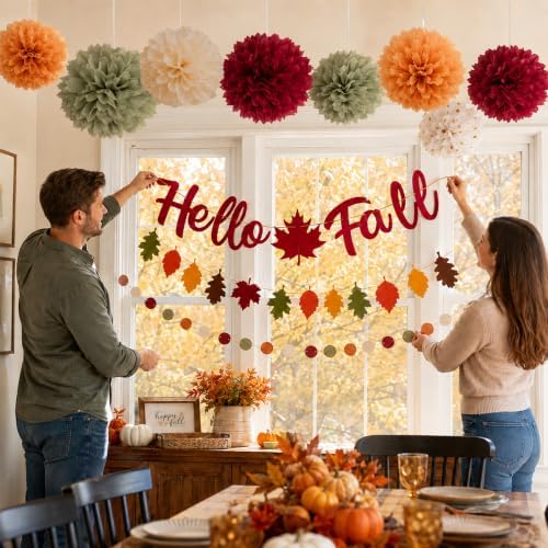 Fall Party Decorations Felt Hello Fall Leaves Garland Bnner for Home Office - Image 4