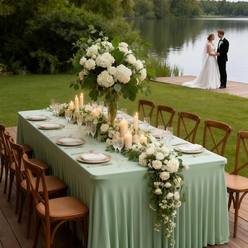 Wish Care 6 Pack Sage Green Spandex Table Clothes for 6 Foot Rectangle Tables, 6FT Wrinkle Free Fitted Tablecloths Ruffles Design Table Cloth for Party, Banquet, Wedding and Events - Image 6
