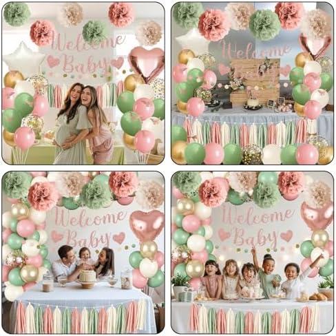 Baby in Bloom Baby Shower Decorations, Sage Green Dusty Blush Pink Gold Sand White Latex Confetti Balloons with Banner Cake Topper Pom Poms Tassel for Girls Boho Fairy Floral Birthday Party Decoration - Image 6