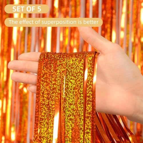 5 Pack Orange Foil Curtain Backdrop 3.2ft x 9.8ft Metallic Tinsel Foil Fringe Curtains Streamer Photo Booth Backdrop for Birthday Party Engagement Bachelorette Party Decorations (Sparkle Orange) - Image 2