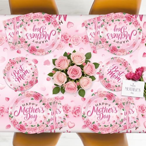 122 PCS Mothers Day Plates and Napkins Set, Serves for 30 Guests Pink Mother's Day Home Decor with Flowers, Disposable Paper Plates Napkins Plastic Forks Tablecloth for Best Mom Party Supplies - Image 4