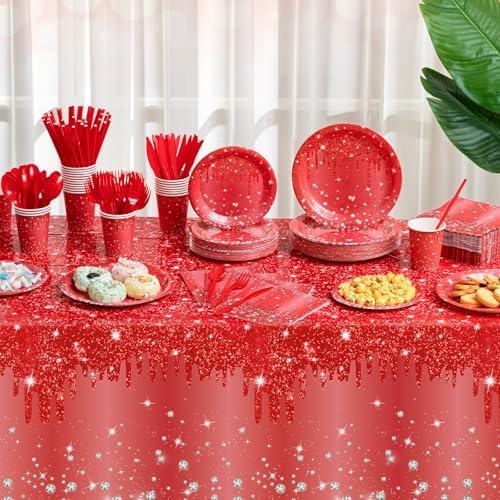 452 Pcs Red Birthday Party Decoration for 50 Guest, Red Diamond Glitter Paper Plates Napkins Cups Tablecloth Cutlery Straws Tableware for Birthday Wedding Baby Shower Graduation Party Supply - Image 6