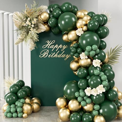 Green and Gold Balloon Arch Kit, Dark Emerald Green Hunter Forest Sage Green Metallic Gold Balloon Garland kit, 18 12 10 5 Inch Balloons for Birthday Wedding Jungle Safari Party Decorations by ADOINBY