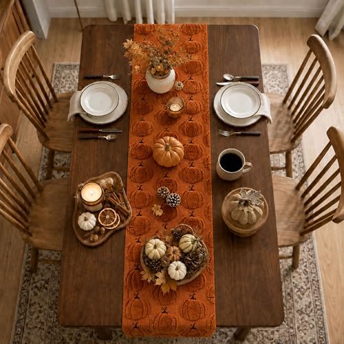 Fall Table Runner 13x90 Inch Soft Plush Faux Fur Jacquard Rust Pumpkin Table Runner, Seasonal Autumn Kitchen Dining Table Decoration for Home Party Decor ZR010B90 - Image 7