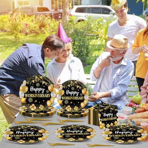 Justforjoyful 96Pcs Happy Work Anniversary Party Supplies Black Gold Happy Workiversary Tableware Dinnerware Set Worker Appreciation Plates Napkins Decorations for Women Men Office Employee Worker - Image 6