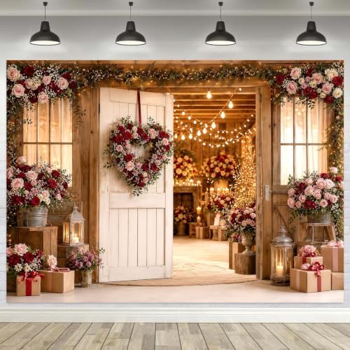 Rustic Wooden Farmhouse Door Backdrop Red Pink Floral Wreath String Lights Barn Wedding Photography Background Country Bridal Shower Valentine Party Photo Booth Decor 6x4 FT - Image 3