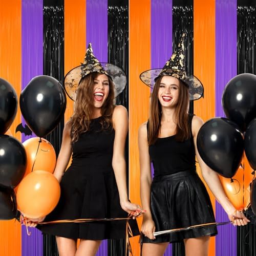 GOER 3.2 ft x 8.2 ft Metallic Tinsel Foil Fringe Party Backdrop for Halloween Birthday Graduation New Year's Party Decorations(3 Packs,Black&Orange&Purple) - Image 4