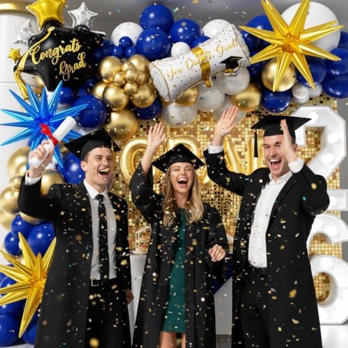 Royal Blue and Gold Graduation Balloons Garland Arch Kit 153Pcs, Graduation Decorations 2026 with Grad Cap, Certificate & Star Foil Balloons for Class of 2026 College High School Prom Supplies - Image 6