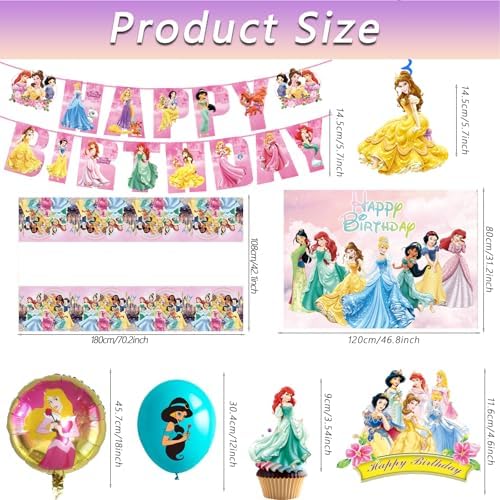 62PCS Disne Princess Party Supplies, Birthday Decorations Set Include Banner, Balloons, Backdrop, Cupcake Toppers, Tablecloth, Hanging Swirls for Kids Princess Theme Birthday Party - Image 2