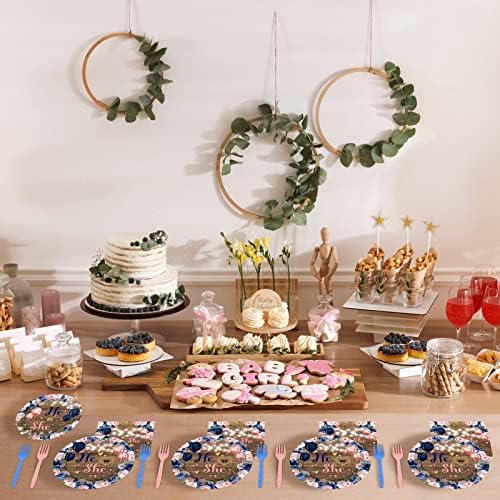 Wiooffen 96 Pcs Gender Reveal Party Decorations Supplies He or She Tableware Set Shower Dessert Plates Napkins Forks for 24 Guests Party Favors - Image 6