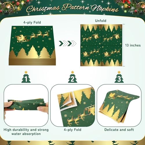 72PCS Christmas Plates and Napkins for Party Decorations, Set of 24 Merry Christmas Disposable Tableware Supplies,Green Gold Christma Tree Paper Plates for Christmas in July Party - Image 4