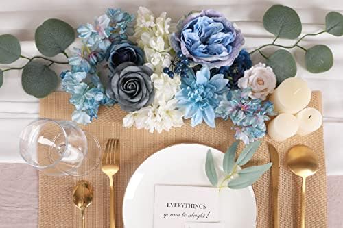 Floweroyal Artificial Flowers Combo Dusty Blue Flowers Mix Silk Flowers Dahlia Roses with Stems for DIY Wedding Bridal Bouquets, Baby Shower, Floral Arrangement, Table Centerpieces, Home Decorations. - Image 3