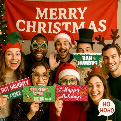 Beeveer 24 Designs Christmas Photo Booth Props, Red and Green Xmas Props - Image 4